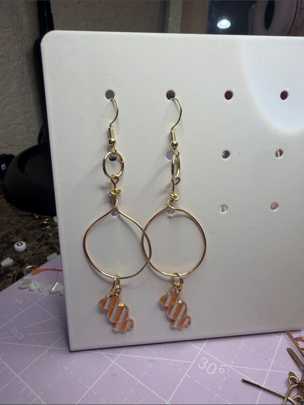 Gold Hoop Dangle Earrings with Orange Charm - Women Jewelry